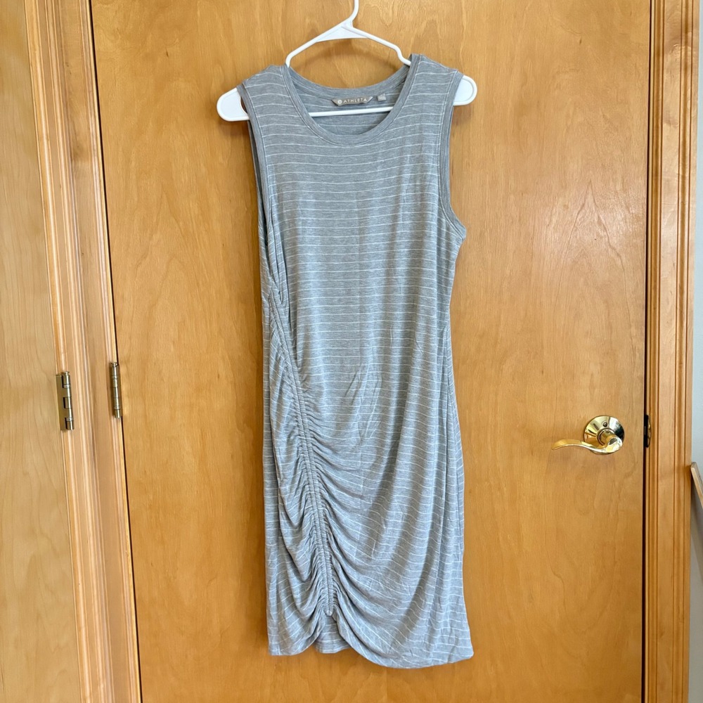 Athleta Grenada Striped Ruched Sleeveless Midi‎ Dress Gray Size S